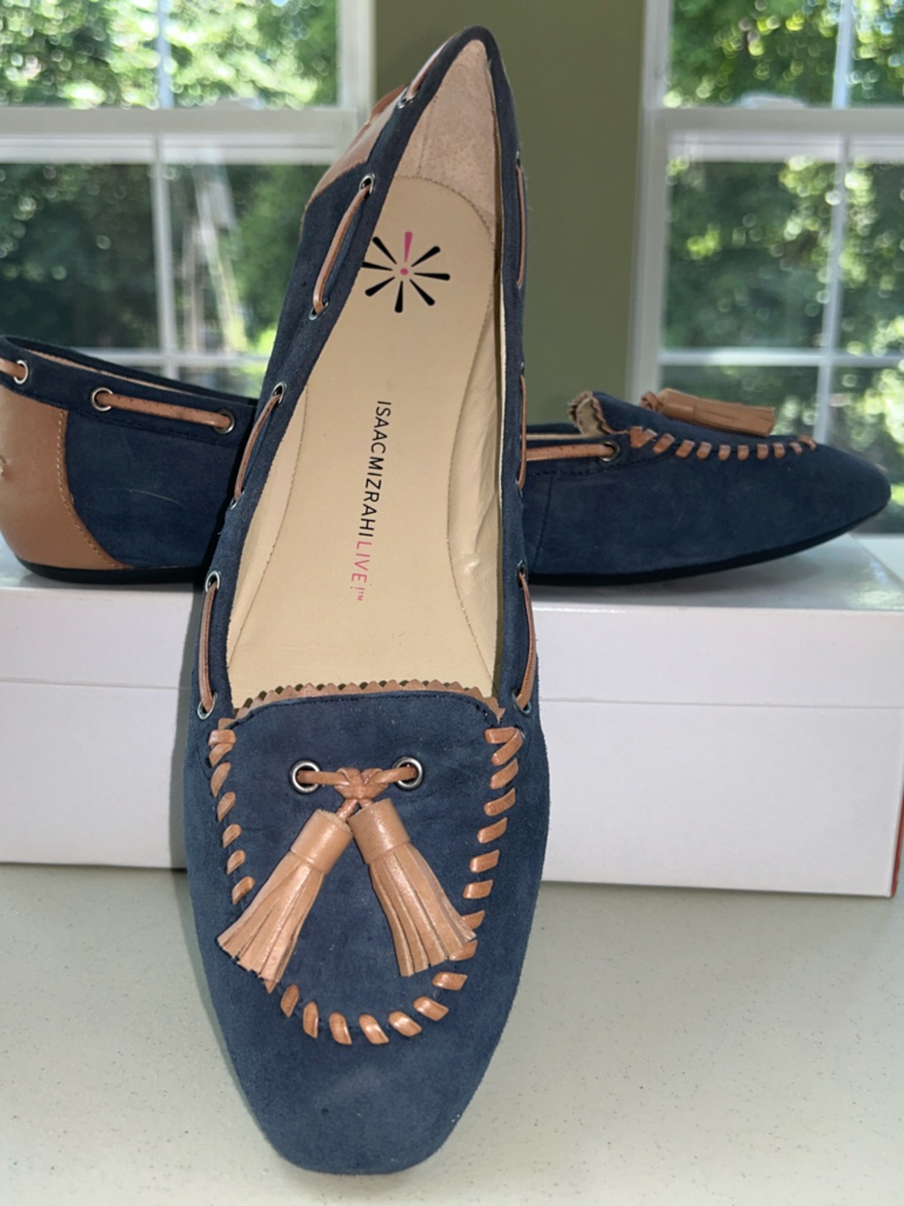 Isaac Mizrahi Navy Suede Tassel Moccasins with Tan Accents
